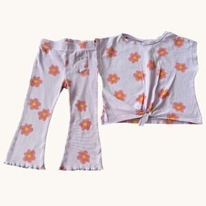 Zara Baby Girl Floral Set 18–24M Lilac Ribbed Flare Pants & Tie Top